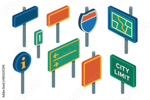 Colorful Street Sign Icons. Isometric vector illustration set Street signs – street marker post, district name sign, highway