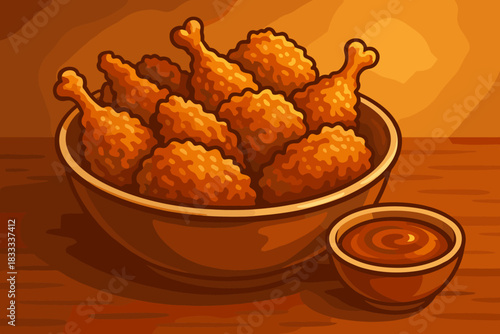 Gourmet Crispy Chicken Delight. Gourmet bowl of crispy fried chicken with dipping sauce, rich golden tones, warm inviting lighting