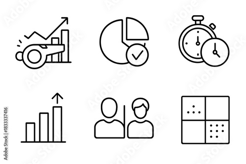 Whistleblowing Metrics Icons. Line style icons of whistleblowing metrics: report volume chart, case resolution rate, average time