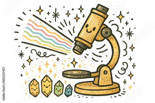 Whimsical Microscope Doodle. Whimsical doodle microscope with polarized light beams smiling, tiny crystals with faces glowing,