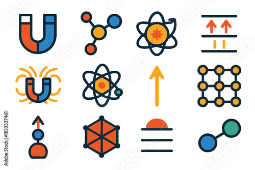 Magnetochemistry Icon Set. Flat vector icons of magnetochemistry concepts: magnet, molecular structure, electron spin, orbital