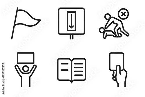 Judging and Rules Icons. Line style icons of judging and rules: penalty flag, lane marker sign, illegal block icon,