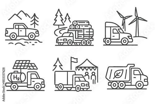 Eco-friendly Transport Icons. Line style icons of environmental use cases: national park transport truck, forest logistics trail,