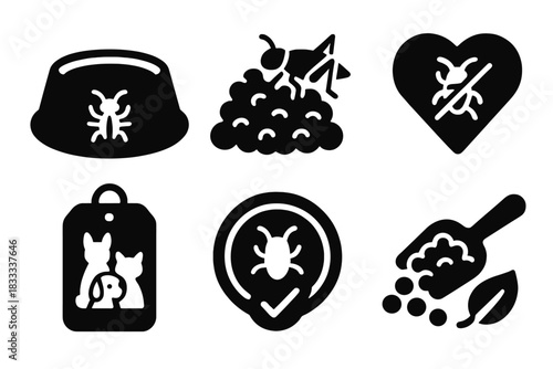 Insect Protein Pet Icons. Solid style icons of insect protein for pets: pet bowl with bug icon, cricket-based kibble,