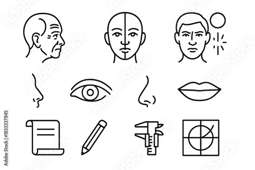 Facial Analysis Icons. Line style icons of Facial Analysis: Forehead Wrinkle Reading, Face Mapping, Character Assessment, Obsolete