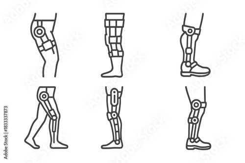 Lower-Body Exosuit Icons. Line style icons of lower-body exosuits: hip joint actuator, knee support exo, ankle stabilizer icon,