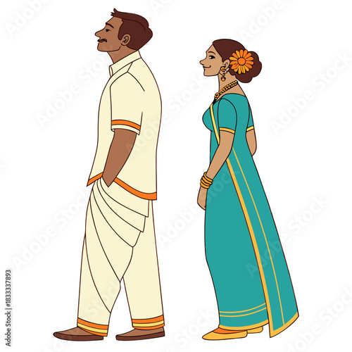 A digital illustration featuring a South Indian couple standing side-by-side.