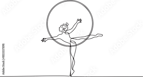 Continuous one line drawing Circus artist with a hoop. Beautiful equilibrist under the circus dome. Circus performance. one line Icon drawing