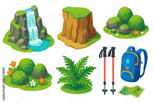 Mountain Adventure Icons. Isometric vector illustration set Mountain landscapes – alpine waterfall, cliff face, plunge pool; mossy