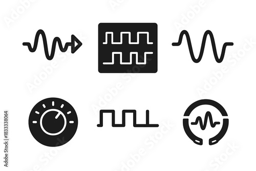 Pulse Frequency Icons. Solid style icons of pulse frequency modulation: adjustable wave icon, pulse pattern display, rhythmic line