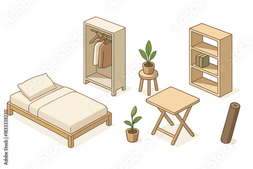 Minimalist Living Setup. Isometric vector illustration set Minimalist living: floor mattress with low frame, capsule wardrobe with