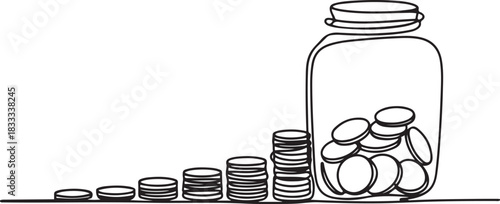 Stack coins in jar in single continuous line. Savings or investments. Profit growth drawing with one line. Saving and family budget concept. one line Icon drawing