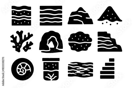 Geological Evidence Icons. Solid style icons of geological evidence of storms: sediment layers, rock strata, sand deposits, coral