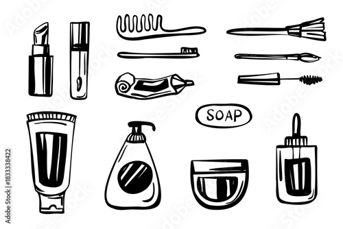 Hand drawn skincare and cosmetic product set with bottles, tubes, soap, lipstick, and toothpaste. Minimal black vector sketch.