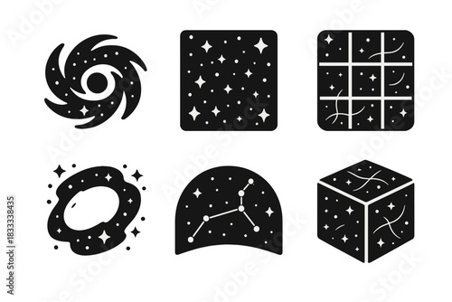 Cosmic Icons. Solid style icons of cosmic background context: galaxy field with black hole, star cluster frame, deep field grid.