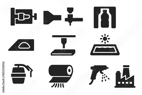 Polymer Processing Icons. Solid style icons of polymer processing: injection mold, extrusion die, blow molding bottle,