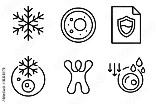Cryo-Biology Process Icons. Line style icons of cryo-biology processes: ice crystal formation, cellular preservation symbol,