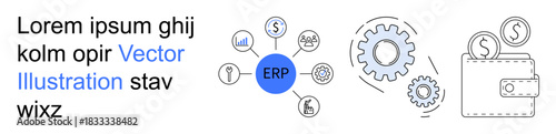 Business management, financial planning, enterprise software, process automation, budgeting, operational efficiency. Features ERP highlighted with icons for gears, money and wallet. Business