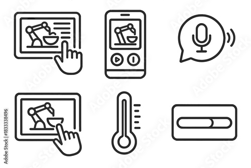 Food Robotics UI Icons. Line style icons of user interface in food robotics: touchscreen recipe input, mobile app control, voice