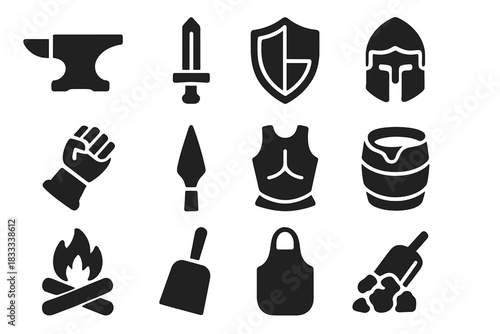 Medieval Smithy Icons. Solid style icons of Medieval Smithy: Anvil, Sword, Shield, Helmet, Gauntlet, Spearhead, Armor Plate,