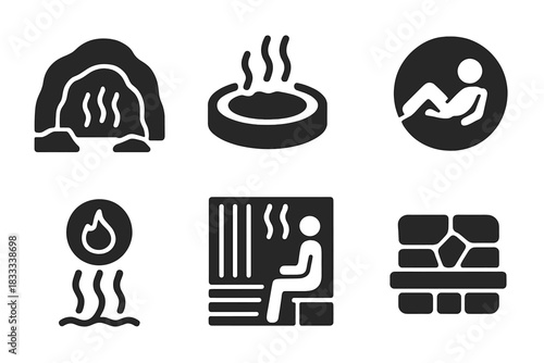 Geothermal Cave Icons. Solid style icons of geothermal cave saunas: steam cave glyph, hot pool icon, relaxation badge. Thermal