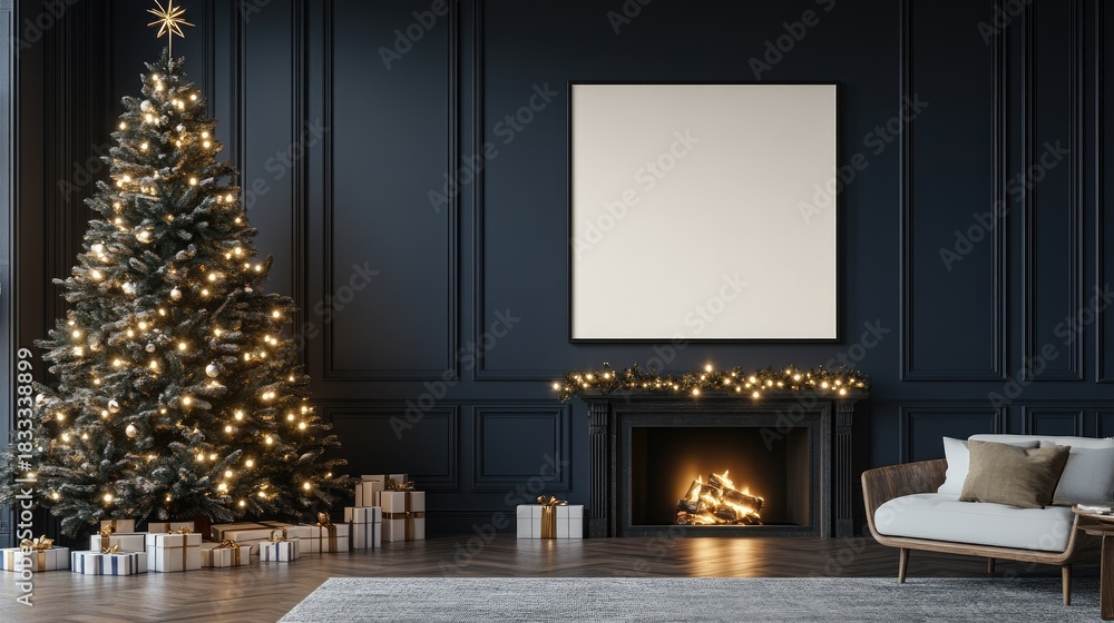 Naklejka premium Cozy living room features a white framed art print, decorated Christmas tree, and gifts around a warm fireplace against a dark wall