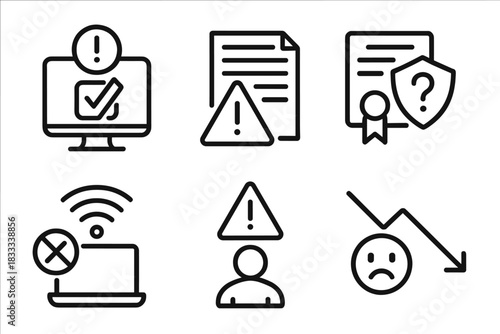 Challenges in OER Icons. Line style icons of challenges in OER: content quality concern, outdated material alert, licensing