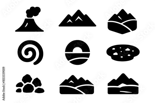 Volcano Landscape Icons. Solid style icons of landscape surroundings: volcano silhouette glyph, distant peaks icon, valley badge.