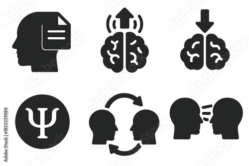 Telepathic Data Icons. Solid style icons of telepathic data exchange: thought file icon, brainwave upload symbol, cognitive