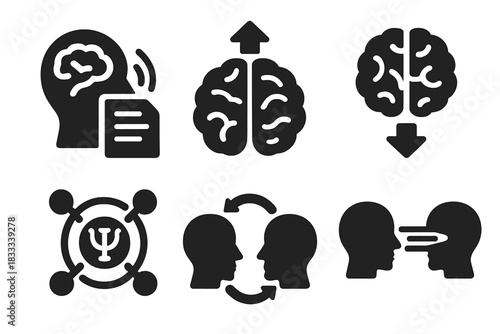Telepathic Data Icons. Solid style icons of telepathic data exchange: thought file icon, brainwave upload symbol, cognitive