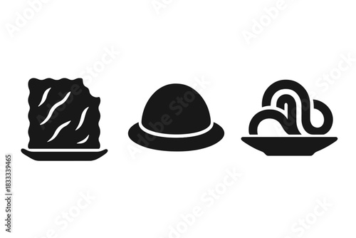 Sculptural Snack Icons. Solid style icons of sculptural bite design: fold-texture cracker, dome with edge line, looped noodle