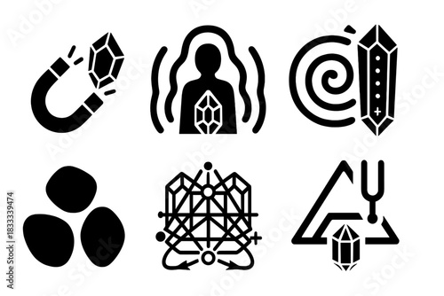 Magnetic Crystal Therapy Icons. Solid style icons of magnetic crystal therapy: magnet with gemstone, aura glow icon,