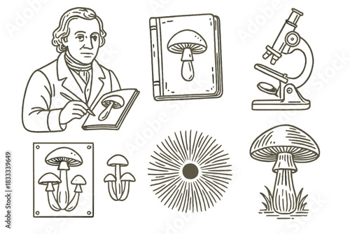 Historical Mycology Icons. Line style icons of historical mycology: pioneer mycologist sketch, old field guide, early microscope