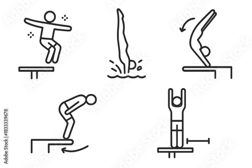 Diving Drill Icons. Line style icons of diving challenges and drills: midair freeze drill, no splash entry test, backward dive