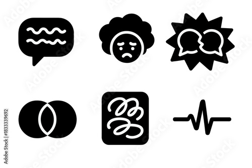 Semantic Noise Icons. Solid style icons of semantic noise infusion: language static glyph, phrase fog icon, meaning clash badge.
