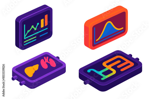 Chip Systems Dashboard. Isometric vector illustration set Data from Chip Systems: Real-time readout screen, drug efficacy curve,