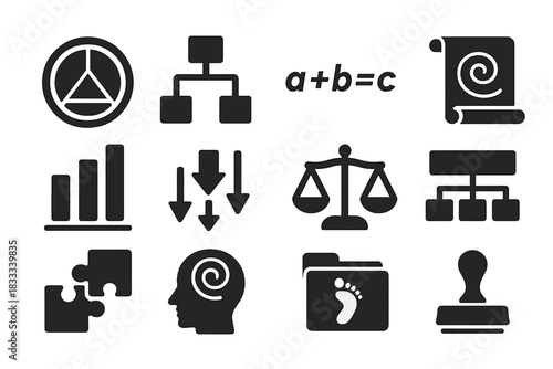 Aristotle's Logic Icons. Solid style icons of Aristotle's logos: geometric diagram, logic tree, math equation, scroll of reason,