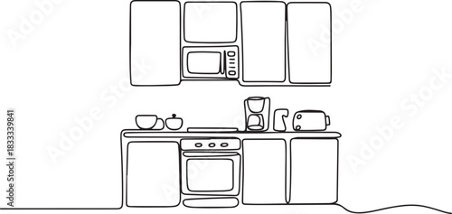 Continuous one line drawing of kitchen interior with home appliances. Kitchen worktop with microwave. one line Icon drawing