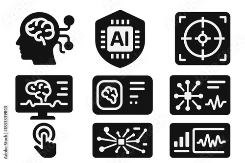 AI Control Icons. Solid style icons of AI control interfaces: neural link icon, command chip badge, targeting HUD panel. AI