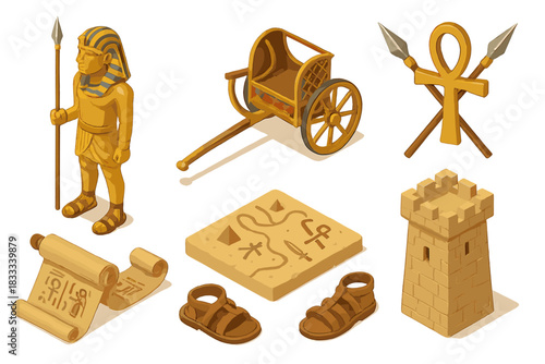 Egyptian Warfare Artifacts. Isometric vector illustration set of Historical warfare: pharaoh’s spear, Egyptian chariot, ankh war