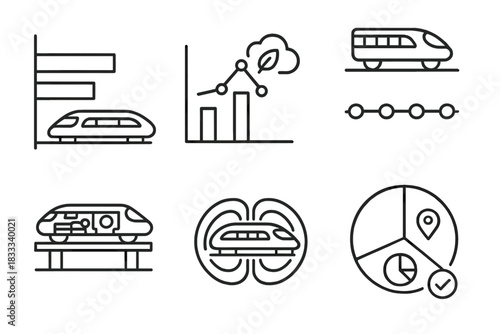 Maglev Infographic Icons. Line style icons of maglev-themed infographics: speed comparison chart, emission vs mode graph, timeline