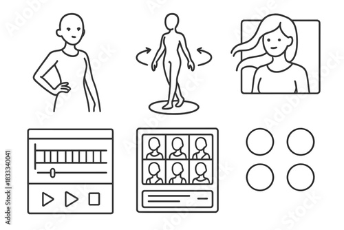 Digital Fashion Icons. Line style icons of digital fashion models: stylized avatar pose, rotating 3D figure, animation timeline