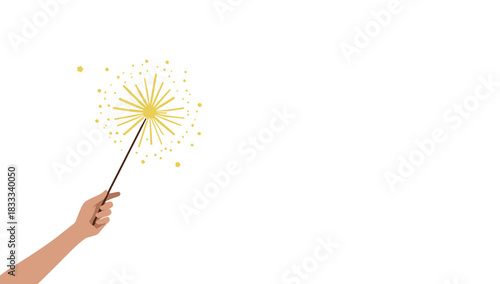 Hand holding minimal sparkler on clean white background in festive concept