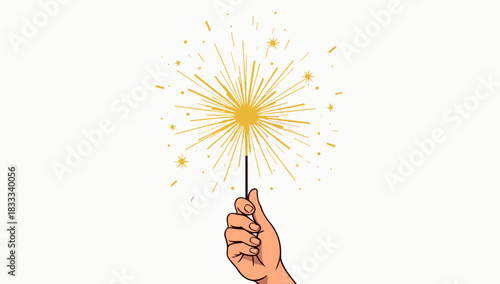 Hand holding bright golden sparkler with scattered stars on white background