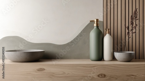 Shampoo bottle featuring intricate waves and mountains rests elegantly on a beige table alongside delicate flowers in a serene setting