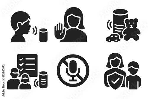 Family Voice Shopping Icons. Solid style icons of children and family voice shopping: kid voice command icon, parental approval