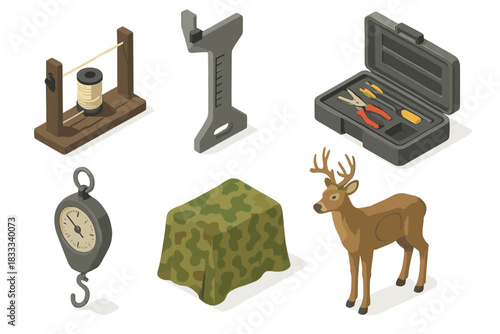 Archery Gear Essentials. Isometric vector illustration set Archery gear: bowstring jig with thread, limb alignment gauge, archery