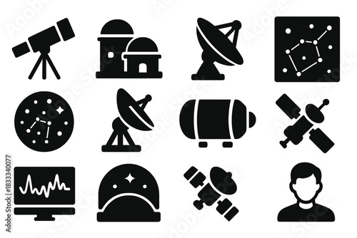 Astronomy Icons. Solid style icons of observational astronomy: telescope silhouette, space observatory, satellite dish, sky survey