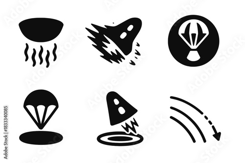 Atmospheric Reentry Icons. Solid style icons of atmospheric reentry icons: thermal shield glyph, friction burn icon, descent badge
