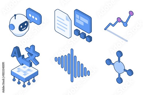 AI Robotics Isometric Icons. Isometric vector illustration set Robotics and AI – Natural language processing: chatbot bubble, text